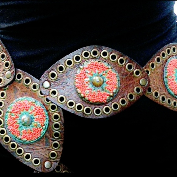 Streets Ahead for Free People Southwestern Boho Beaded Leather Belt